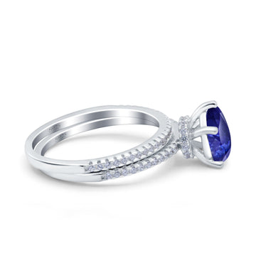 Two Piece Art Deco Pear Engagement Bridal Ring Band Simulated Blue Sapphire CZ 925 Sterling Silver